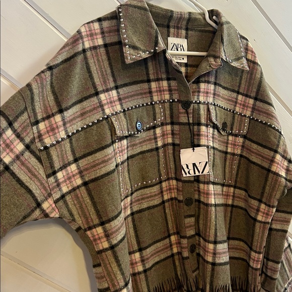 ZARA Green and Pink Plaid Fringe Jacket - Picture 2 of 6